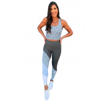 Gray Leopard Colorblock Splicing Sports Workout Tank and Leggings Set